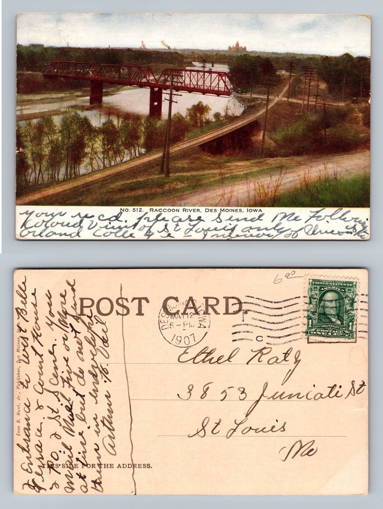 Des Moines, IA-Iowa, Raccoon River Bridge Railroad Tracks Vintage c1907 Postcard