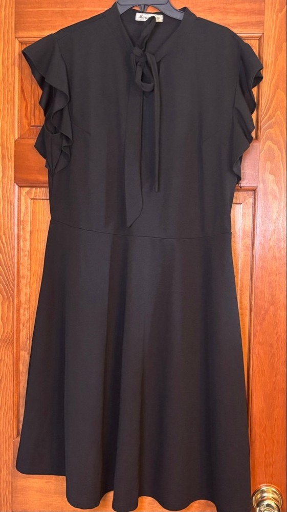 Moyabo Black Ruffle Sleeve Tie Neck Dress Women’s 2XL Fit & Flare Knee Length