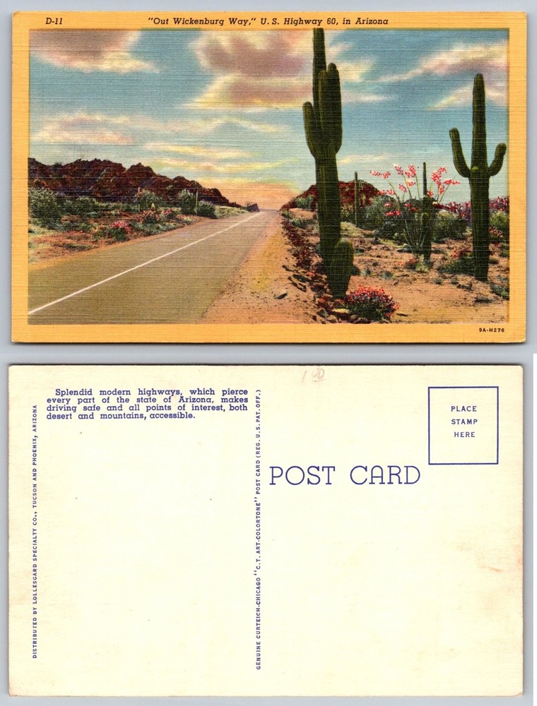 Vintage Linen Postcard US Highway 60 Arizona Desert Saguaro Cactus Wickenburg