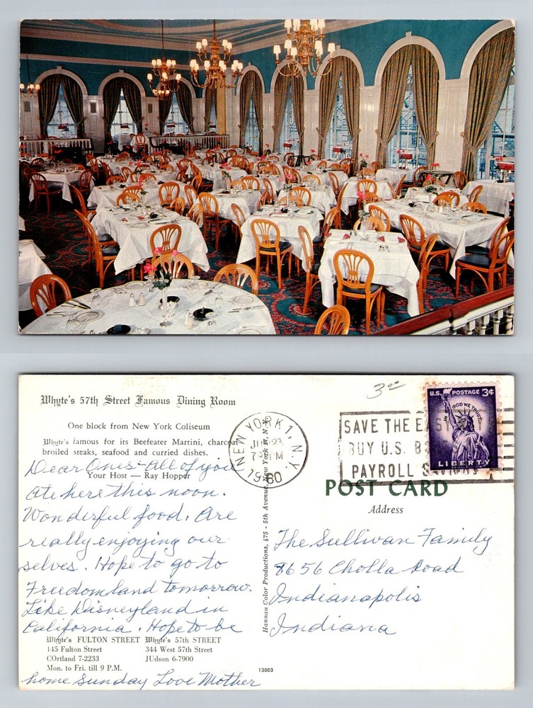 New York City NY, Whyte’s 57th Street Dining Room Vintage c1960 Postcard