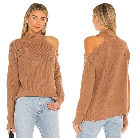 Lovers + Friends Arlington Distressed Off-Shoulder Wool Sweater in Tan Size S Relaxed Fit  