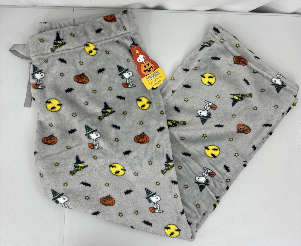 Women's XL Fleece Halloween Pajama Pants Snoopy & Woodstock Grey Pumpkins Bats