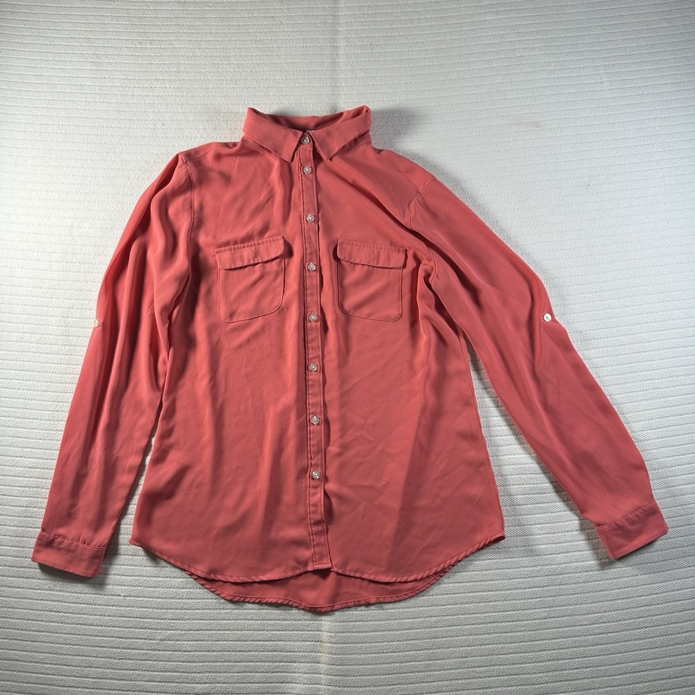 LOFT Womens Small Coral Pink Utility Blouse Roll Tab Long Sleeve Button Up Shirt