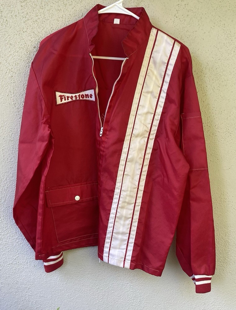 Firestone Red White Zip Striped Windbreaker Jacket Men's L Mid-Length Racing