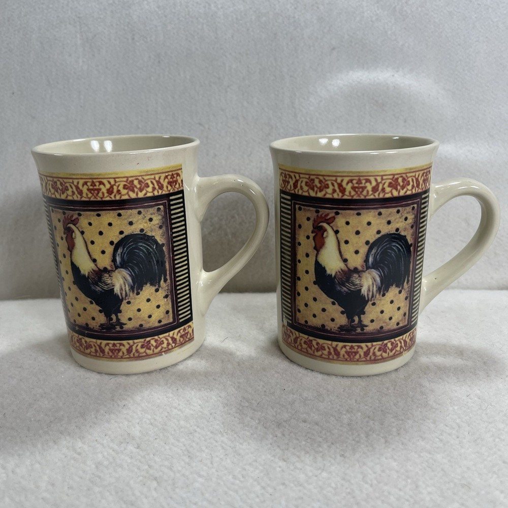 Vtg Bay Island Rooster Coffee/Tea Mugs Farmhouse Country Set 2