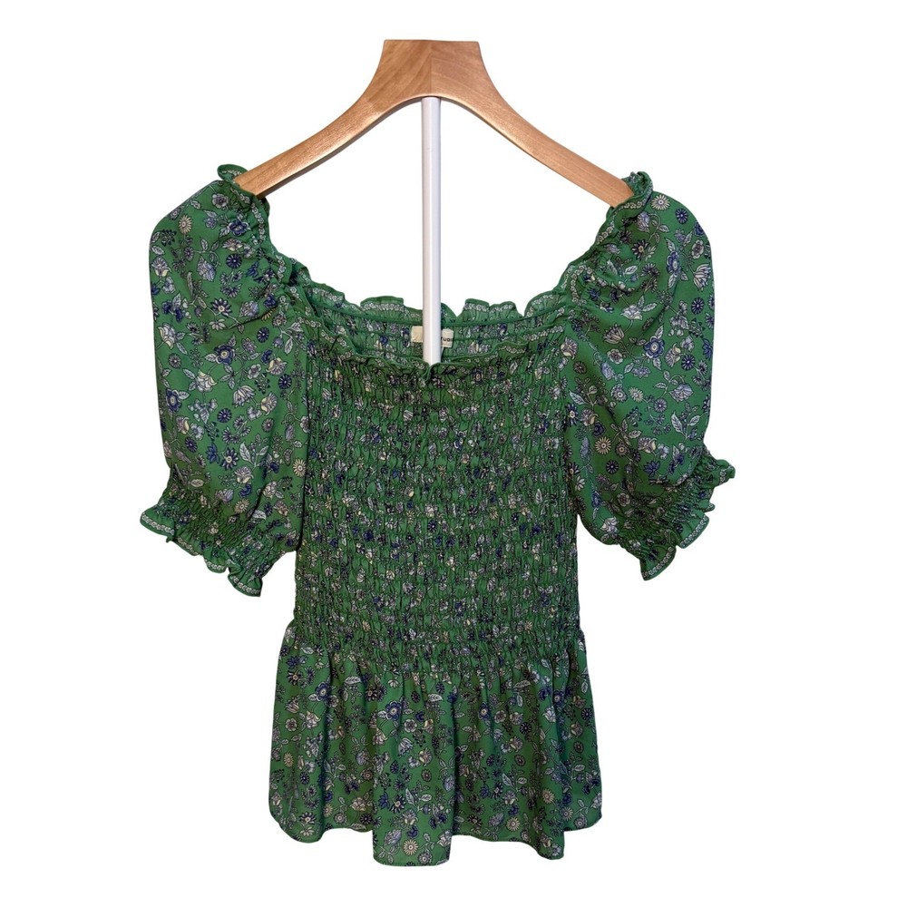 Max Studio Green Floral Smocked Top | Cottagecore Puff Sleeve Peplum Blouse