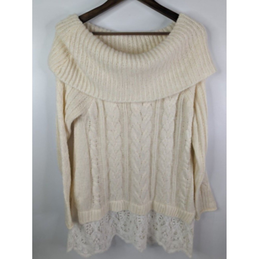 Knox Rose Cream Off-Shoulder Cable Knit Sweater with Lace Trim