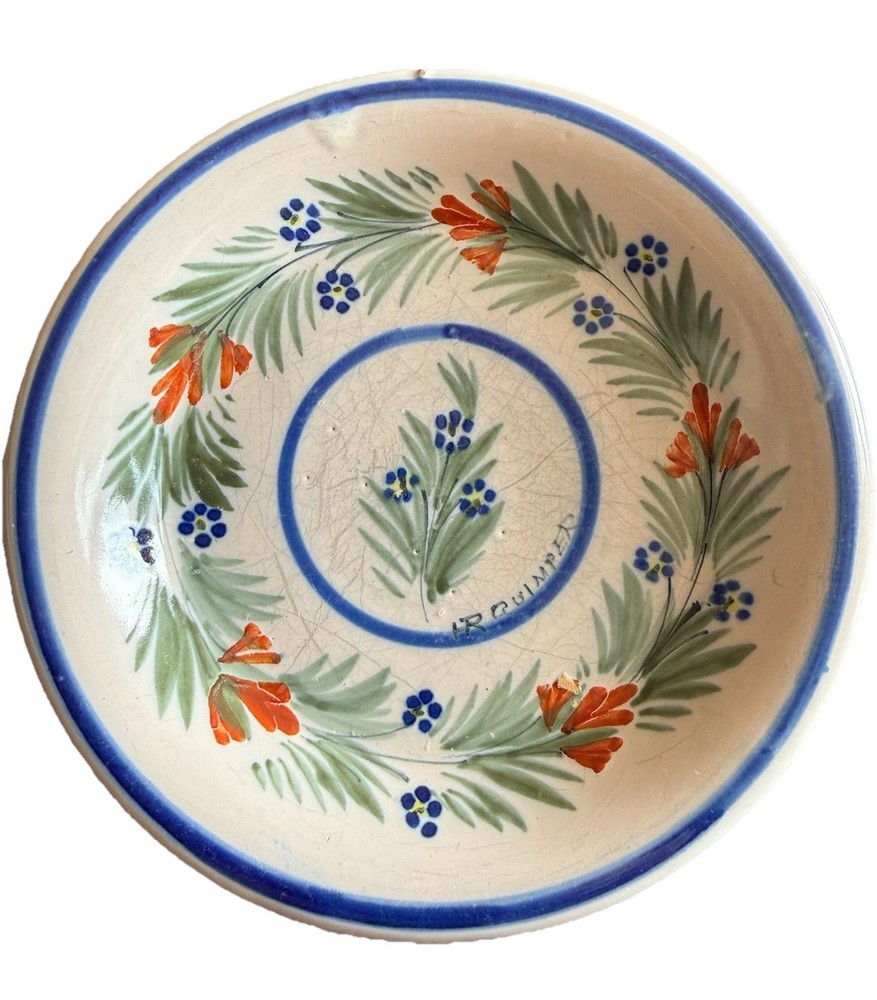 Signed HR Quimper Hand Painted Small Plate Dish 5.75” Multicolor Floral France