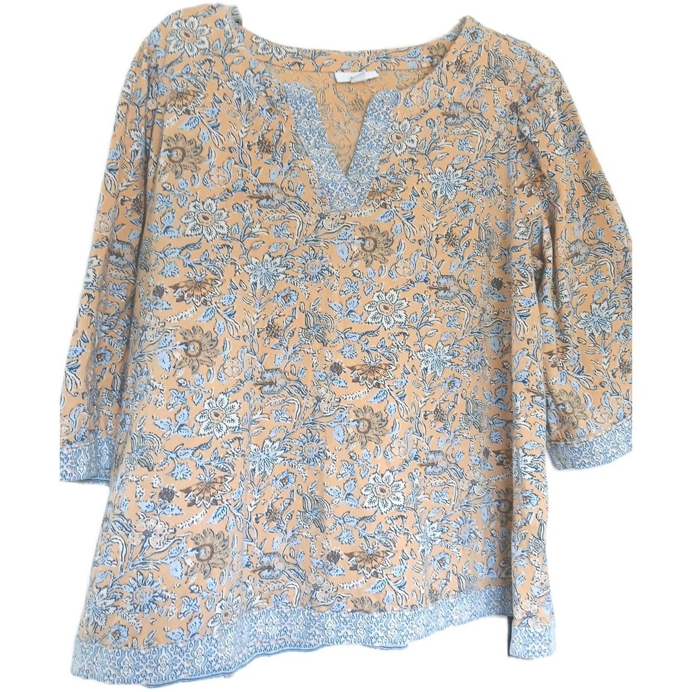 J. Jill Floral Popover Shirt Top Yellow Blue 3/4 Sleeves V-Neck Cotton Large