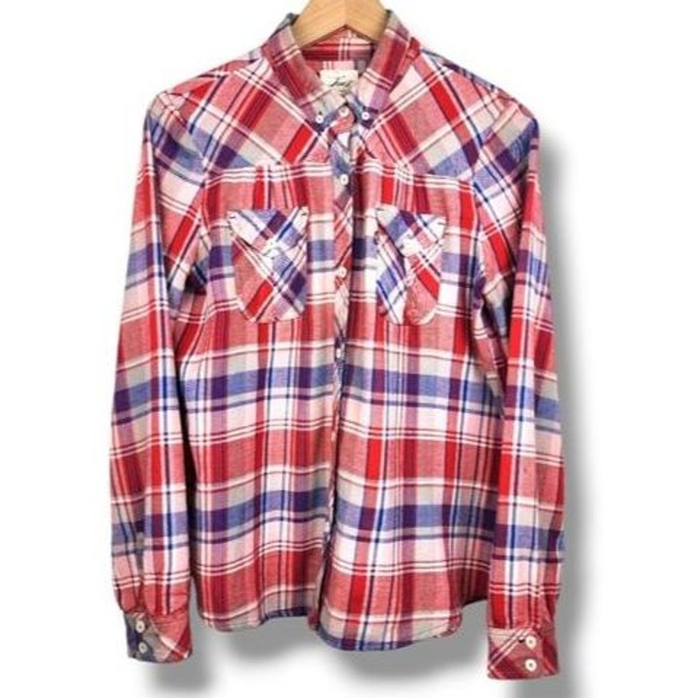 Levi's Women Plaid Flannel Shirt Size M Red White Blue Western Boyfriend Cotton