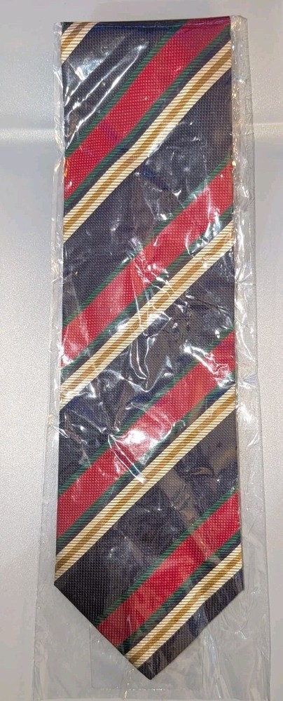 Vintage Mens Silk Tie Regimental Stripe Red Navy Green Gold Made In Italy New