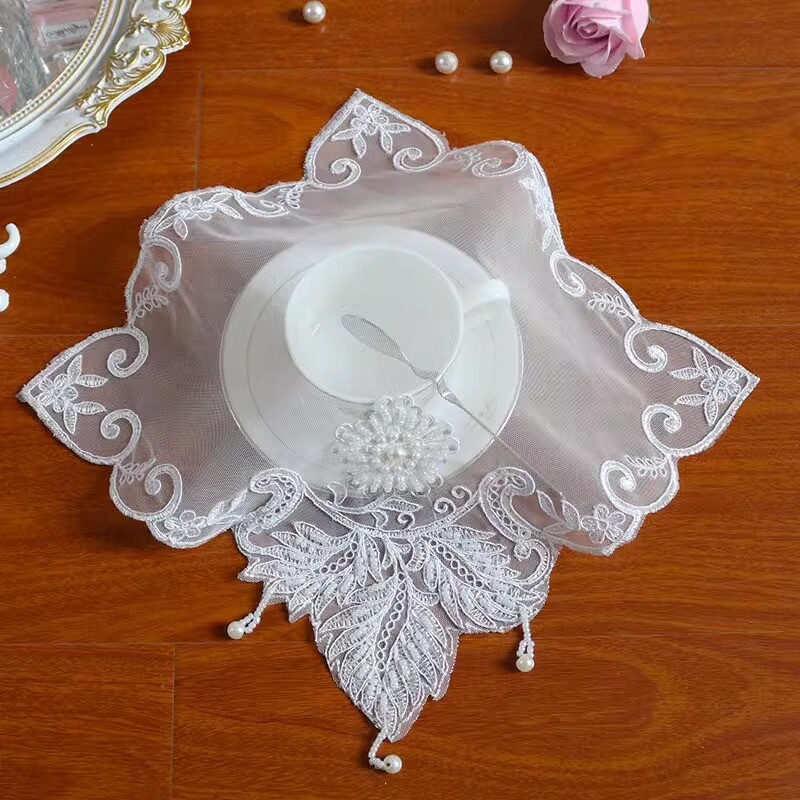 4 Pcs Lace Mesh Placemat Coaster Flower Embroidered Doily Beaded Table Cloth