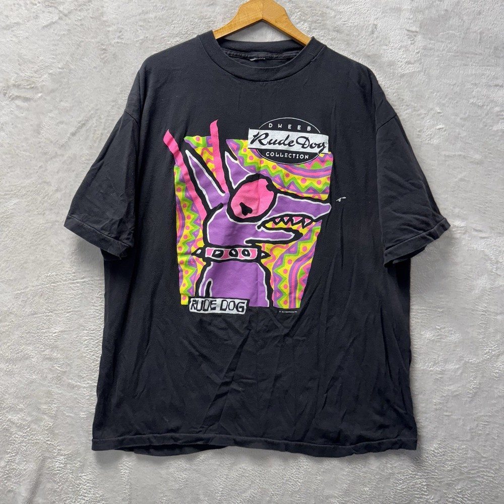 VTG 90s Rude Dog Dweeb Collection Abstract Art Graphic T Shirt Neon Black Fit XL-image