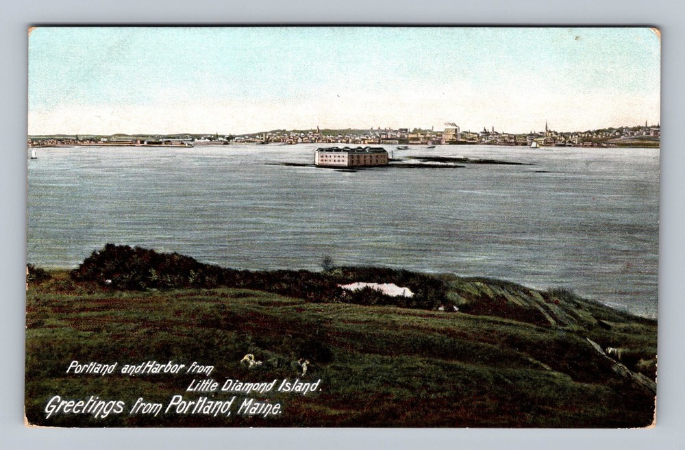 Portland ME-Maine Portland And Harbor Little Diamond Island Vintage Postcard PC