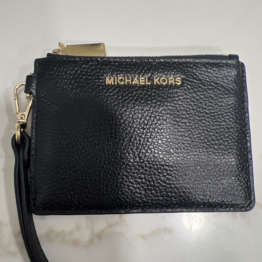 Michael Kors Black Pebbled Leather Wristlet Wallet ID Card Holder Keychain-Used