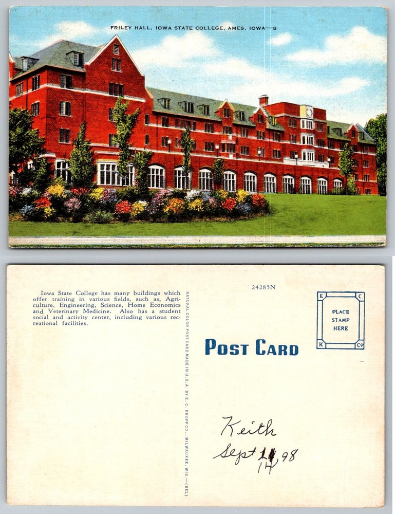 Friley Hall Iowa State College Ames IA Vintage Linen Postcard E. C. Kropp