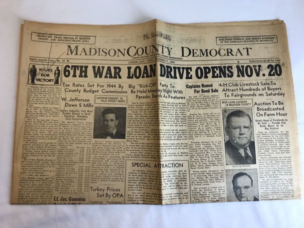 Vintage 1944 Madison County Democrat Newspaper WWII Captured Japan & German tour