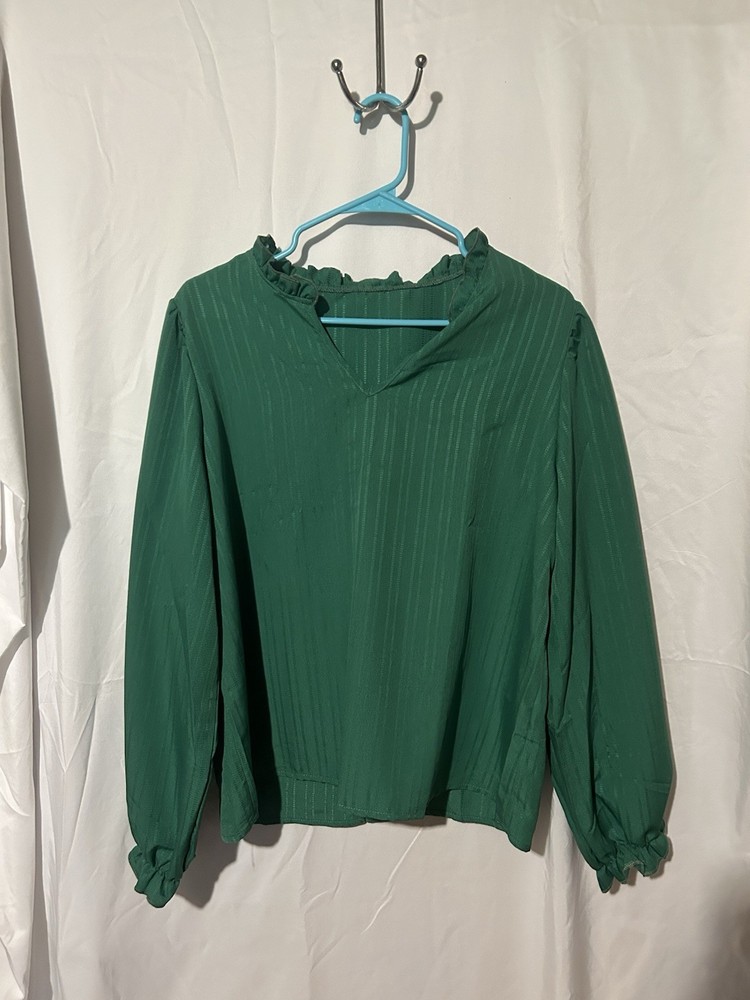 Womens XL Green Solid V-Neck Long Sleeve Pullover Chiffon Ruffle Blouse