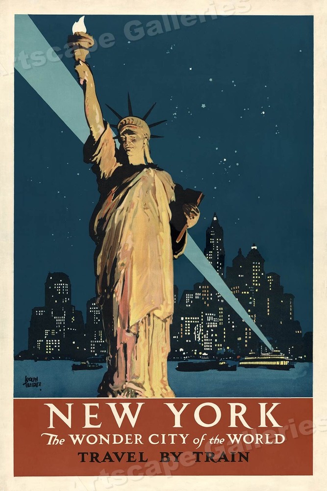 New York City - 1930's Travel by Train Vintage Railroad Travel Poster - 16x24