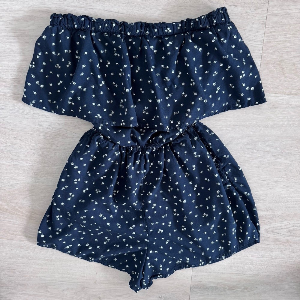 Hollister Off Shoulder Floral Romper Navy Blue Size S Boho Summer