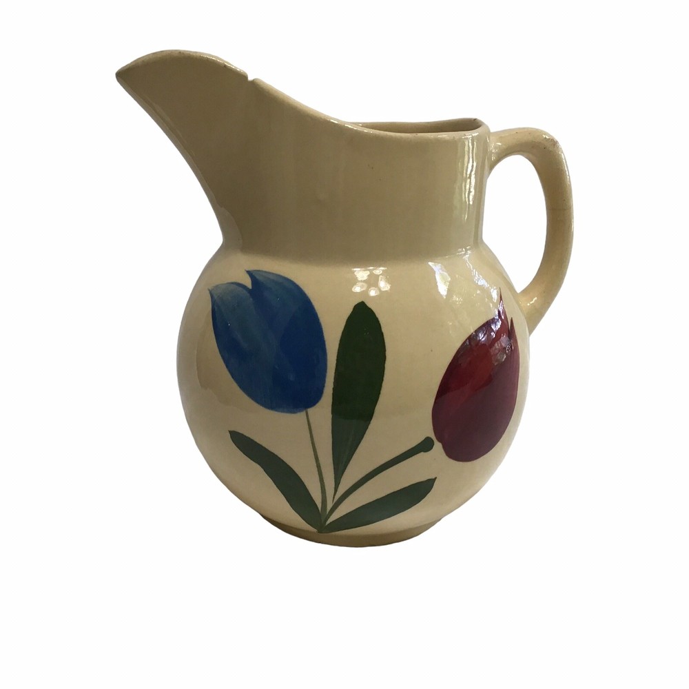 VINTAGE Watt Pottery Blue Red Tulip Pitcher #16 USA Leaf 1 QT READ