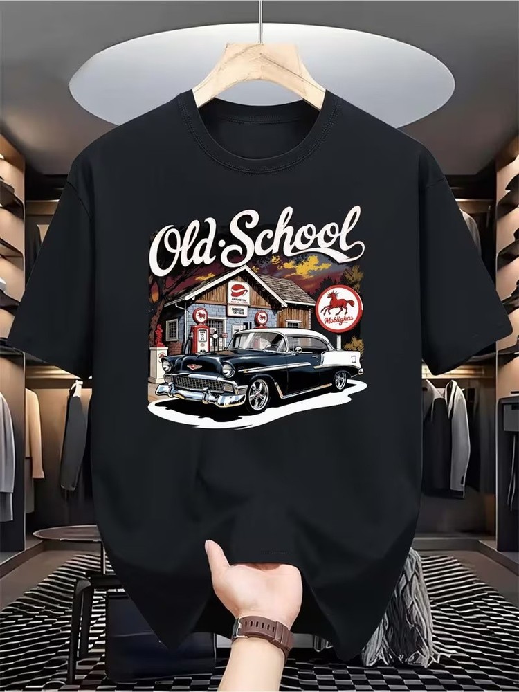 Men's Casual Short Sleeve Old School Vintage Classic Car Retro T-Shirt