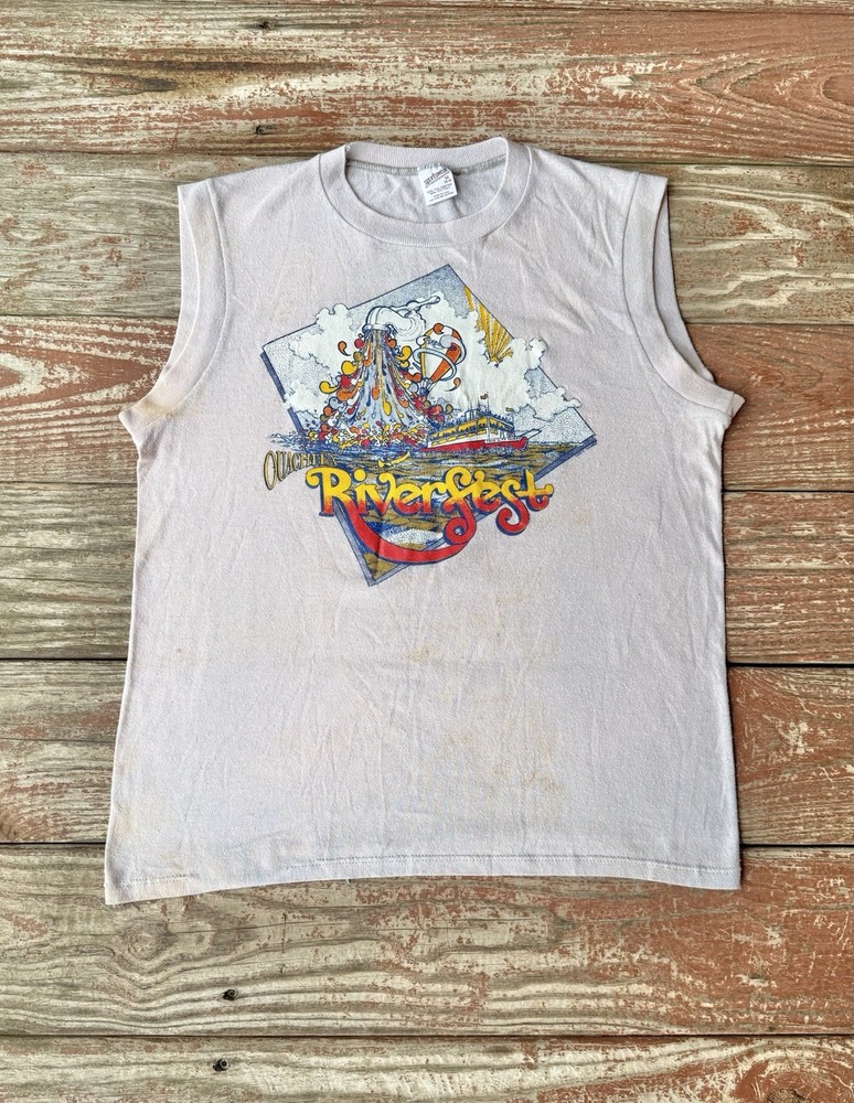 Vintage 80s Quachita Riverfest T-Shirt Mens M Beige Sleeveless Triathlon
