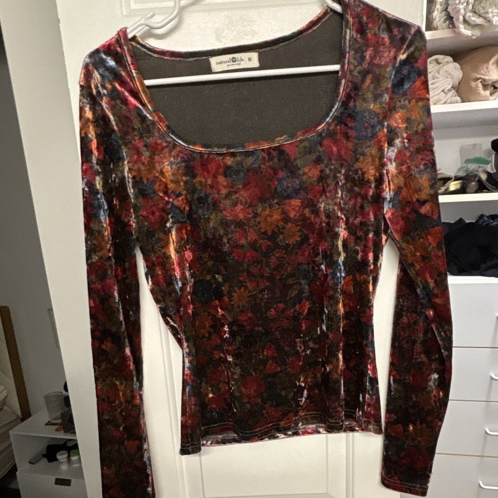 Natural Life Women’s Velvet Floral Scoop Neck Long Sleeve Top Multicolor Sz M