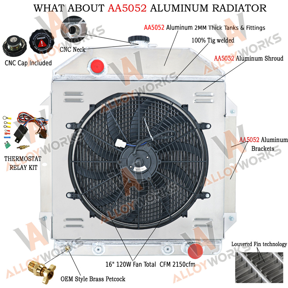 4 Rows Aluminum Radiator Shroud Fan For 1949-1953 Ford Cars Chevy Engine Swap.