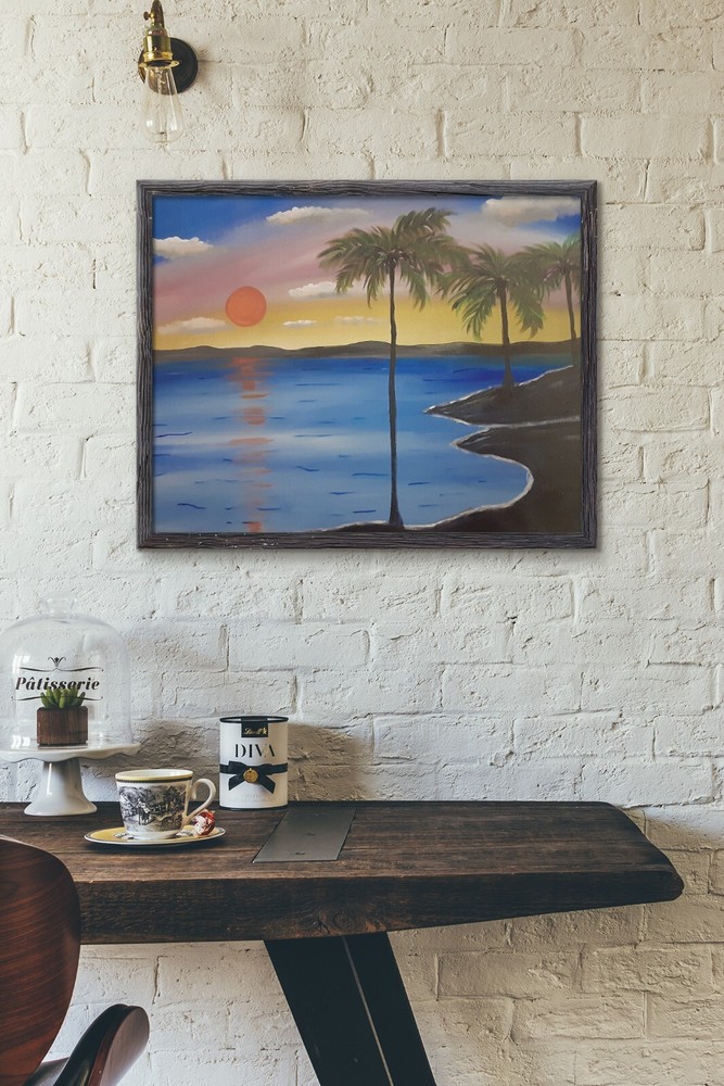 Tropical Sunset Sunrise Original Painting Wall Art Beach Palm Trees Seashore