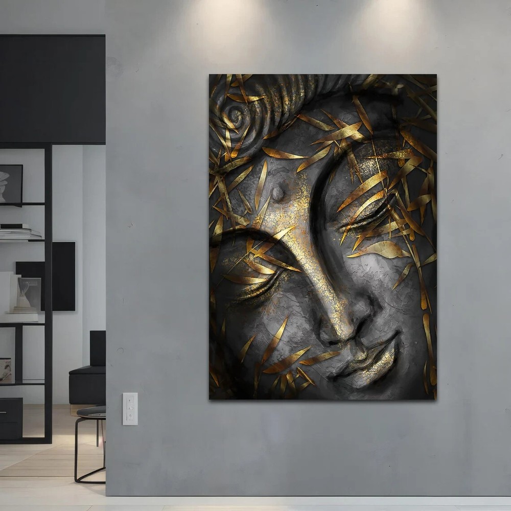 Gold Leaves Buddha Face Art Abstract Unframed Canvas Print Australian Wall Art