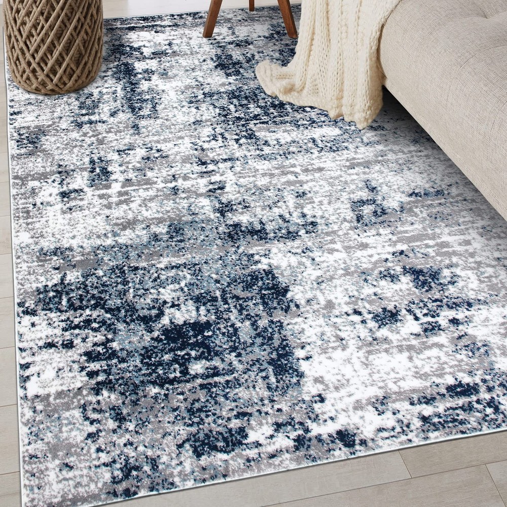 Modern Distressed Blue Abstract Area Rug Bohemian Inspired for Bedroom, Home ...