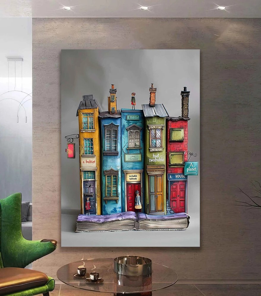 Surreal Book Houses Library, Street Author Wall Art Canvas Unframed Print Art