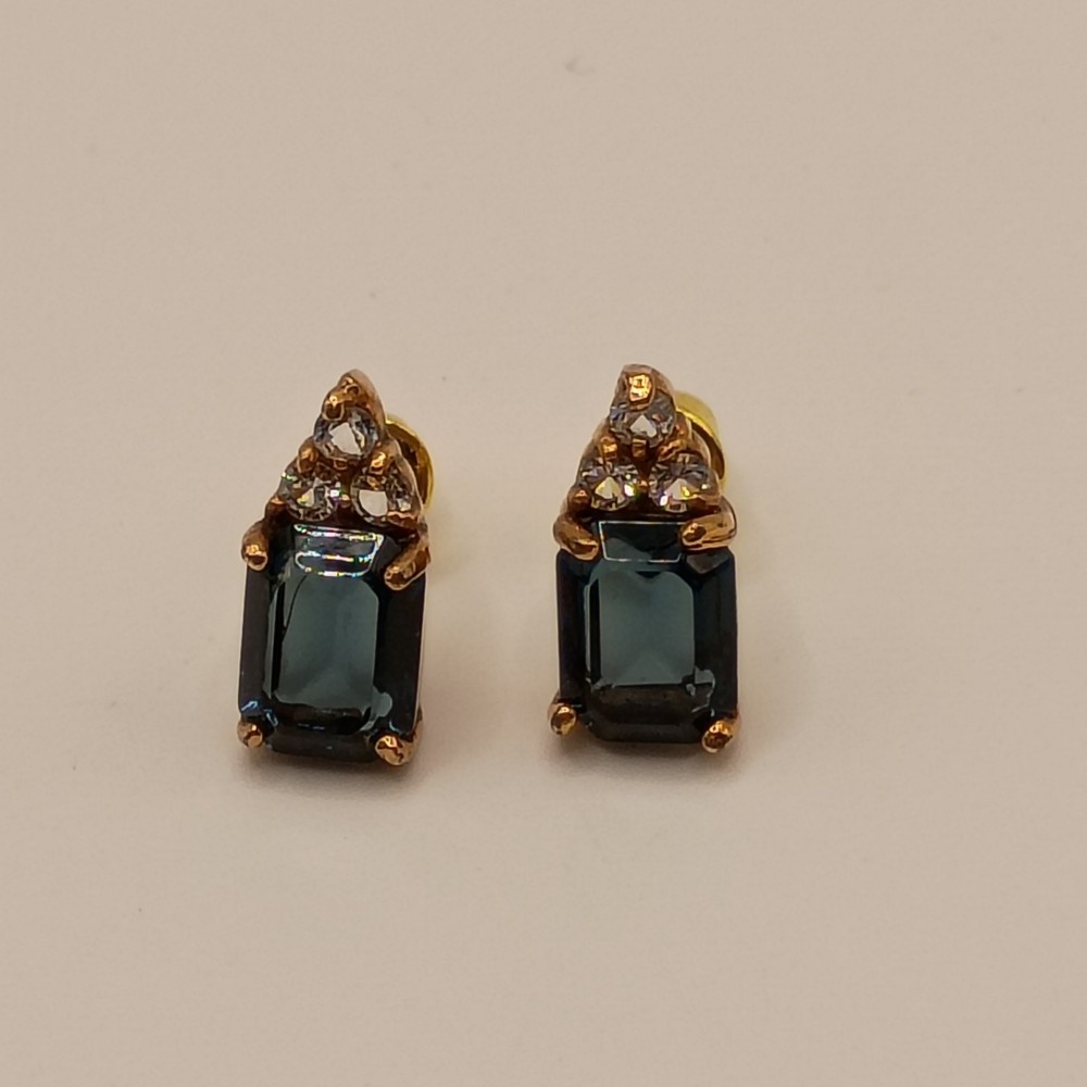 Vintage Rhinestone Stud Earrings Blue Crystal Gold Tone
