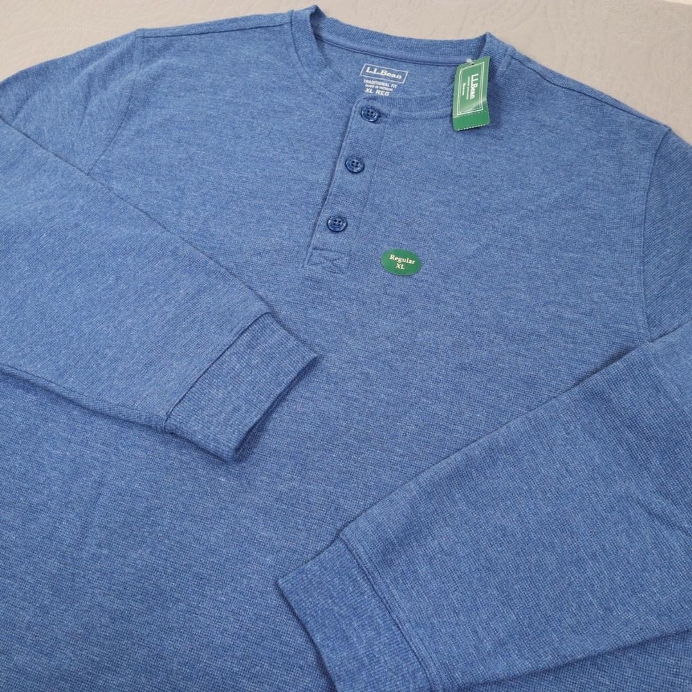 New L.L.Bean Henley Shirt Mens XL Blue Mini Waffle Thermal Long Sleeve Cotton