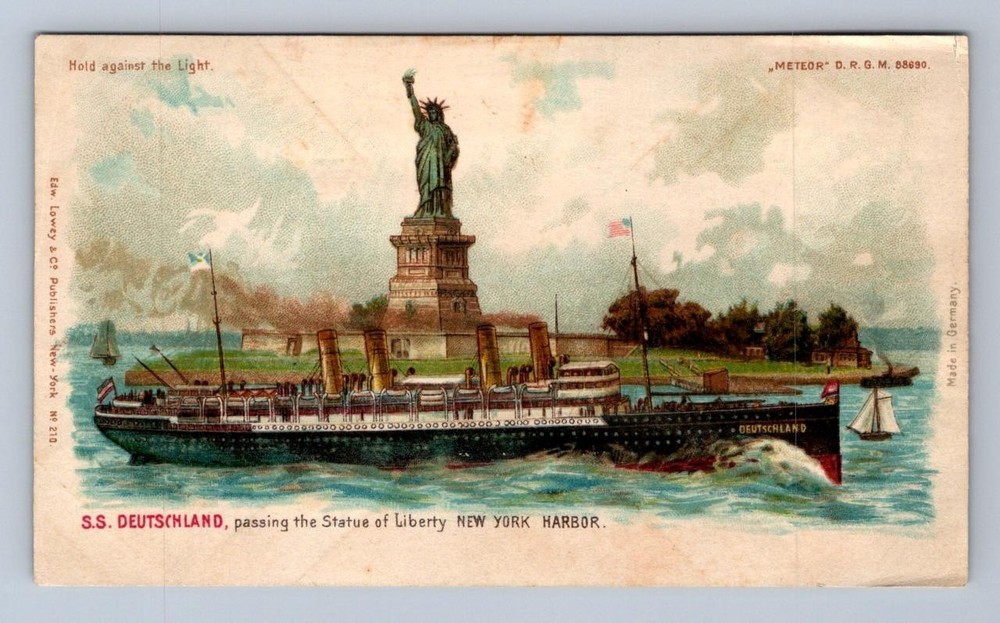 S.S. DEUTSCHLAND SHIP STATUE OF LIBERTY HOLD TO LIGHT HTL POSTCARD (c. 1900) !!