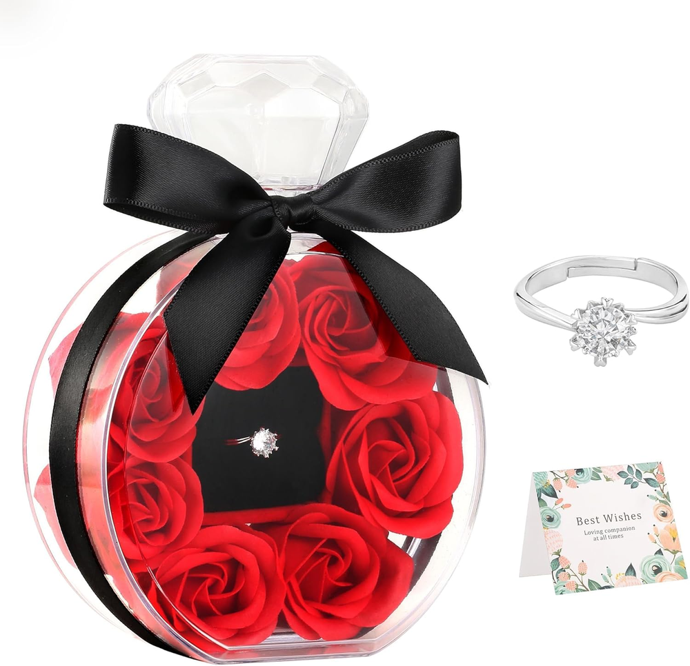 Rose Ring Box Birthstone Jewelry Artificial Preserved 7 Roses Flower Gift for Wo