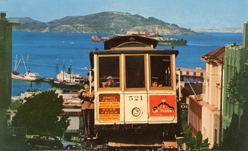 Cable Car on San Francisco Hill, Alcatraz in Background, California --POSTCARD