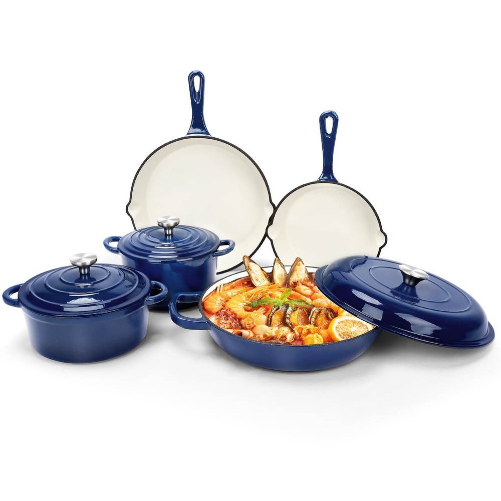 Nonstick enameled cast iron cookware set 8-pc pots pans with lids frying set