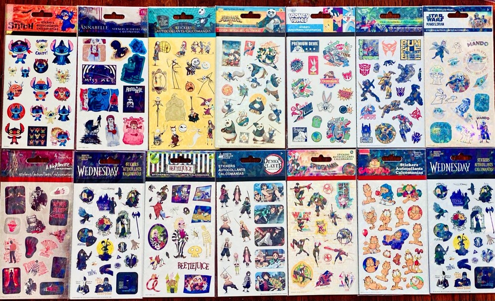 15 New Full Sticker Sheets, Mxd Themes LOONEY TUNES GARFIELD DEMON SLAYER TMNT