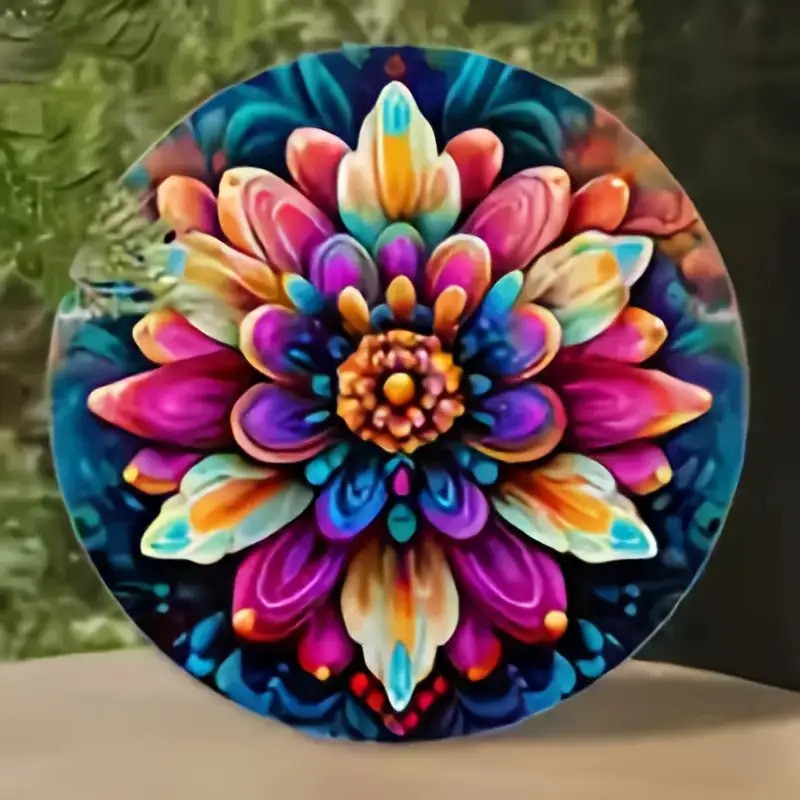 Vibrant Floral Mandala Round Aluminum Wall Art Colorful