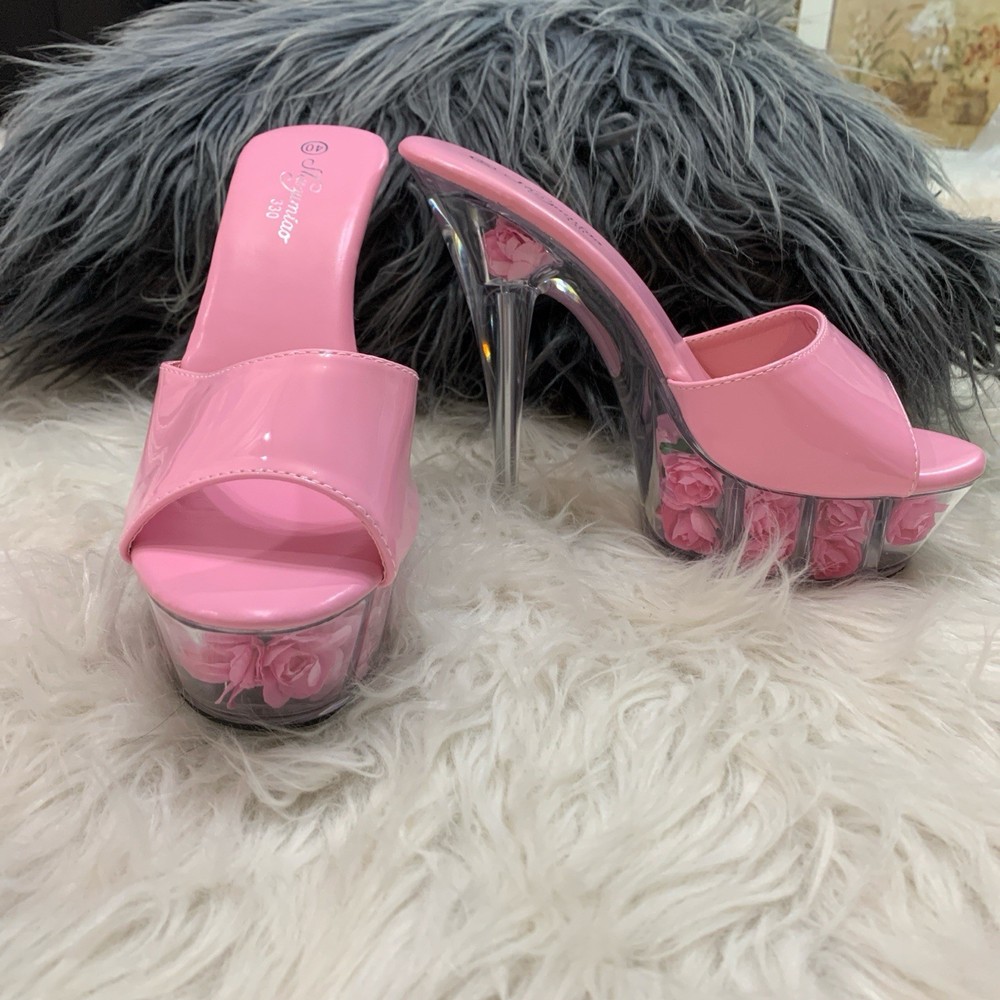 Pink clear 3D flower embellished 6-inch heels size 8 womens shoes