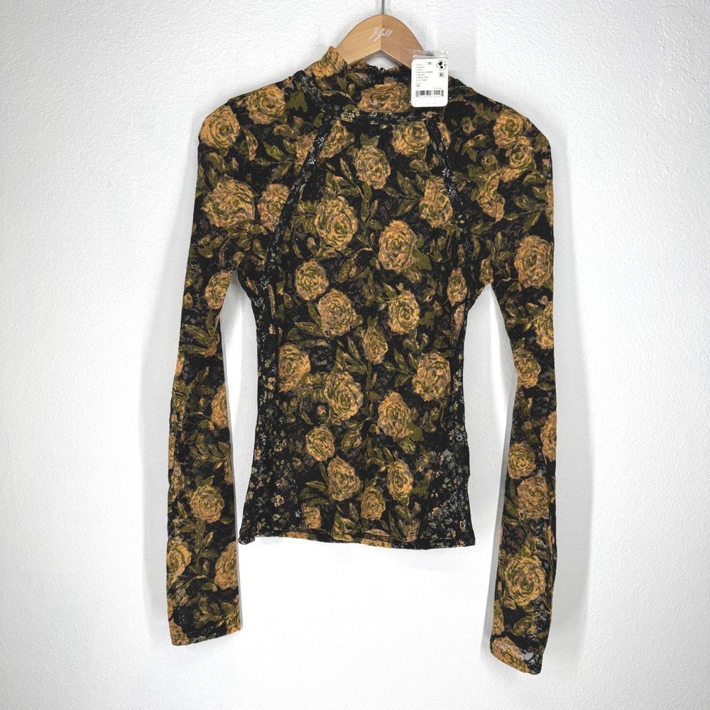 Free People Sheer Lace Top Medium NEW Long Sleeve Dark Romantic Floral Boho Mesh
