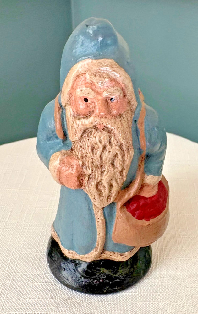 Vintage Small Blue Chalkware Santa Claus Figurine Hand Painted - 4.5 In Tall