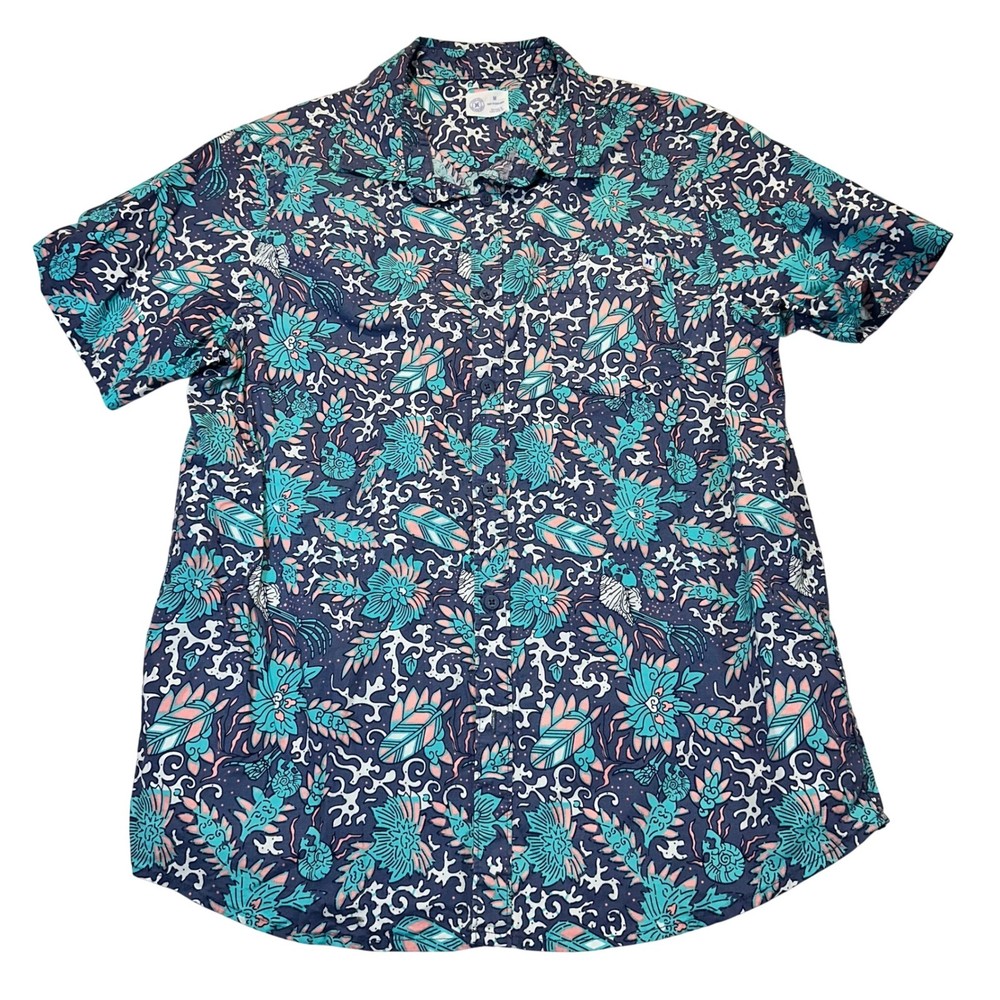 Hurley Button Down Shirt Mens Medium Blue Floral Tropical Surf Summer