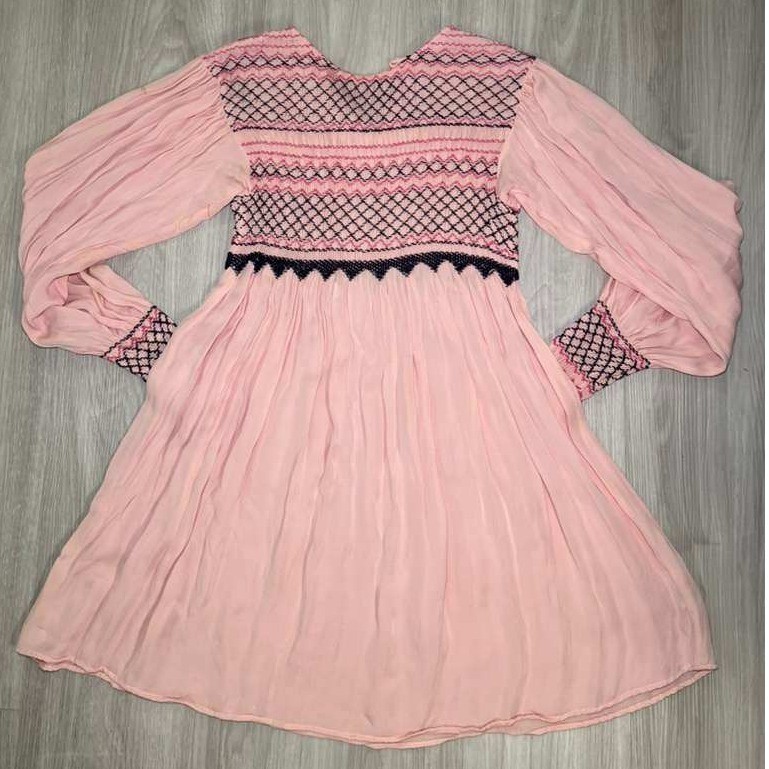 Free People Pink Embroidered Smocked Bell Sleeve Mini Dress Boho Festival