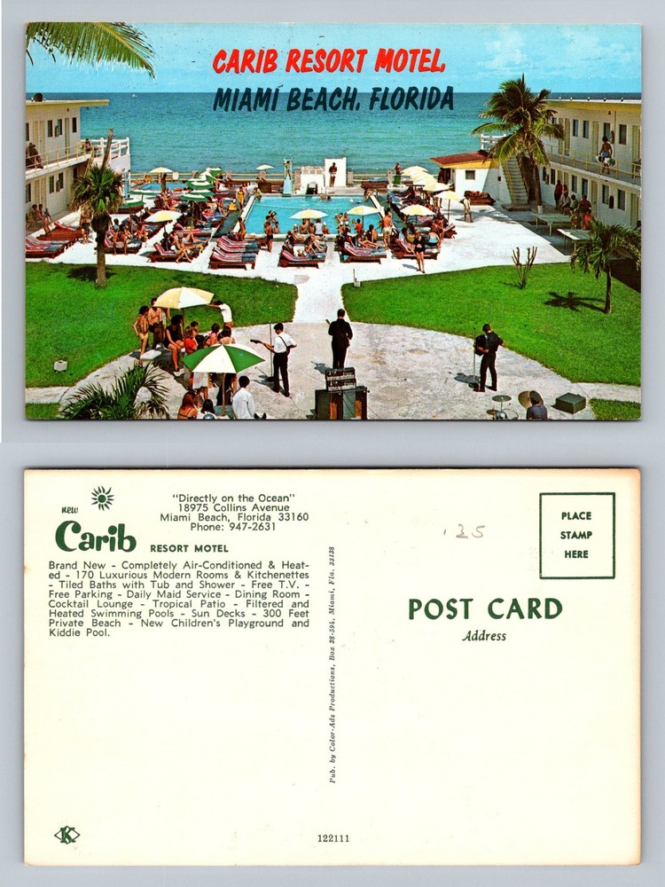 Miami Beach, FL-Florida, Carib Resort Motel Ocean Pool Decks Vintage Postcard