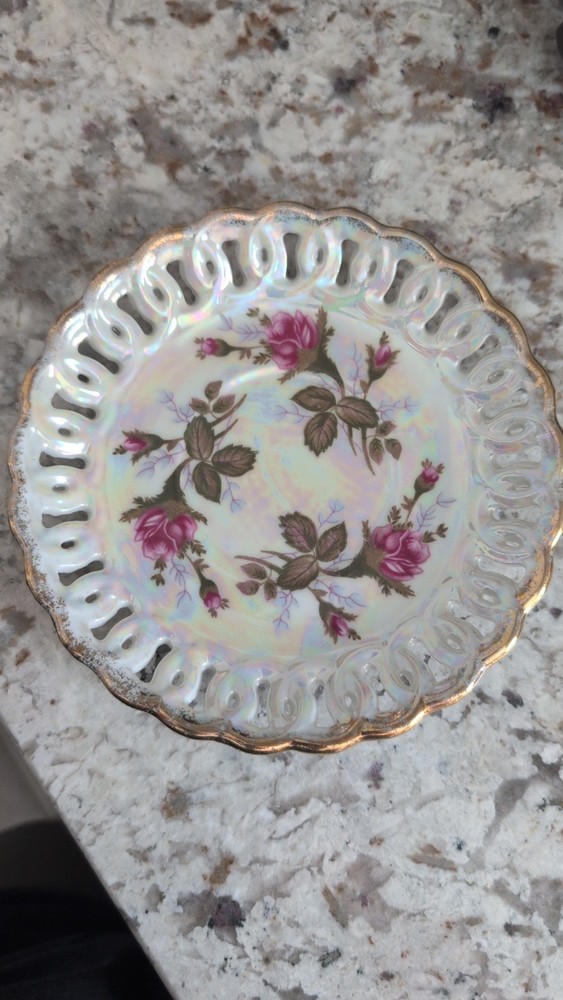 Royal Sealy Japan Floral Porcelain Decorative Plate, Gold Trim Pierced Rim