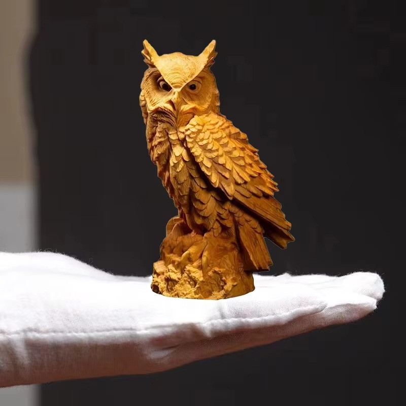 Natural Hand wood carving Owl Figurine Home Room Office Decoration statue