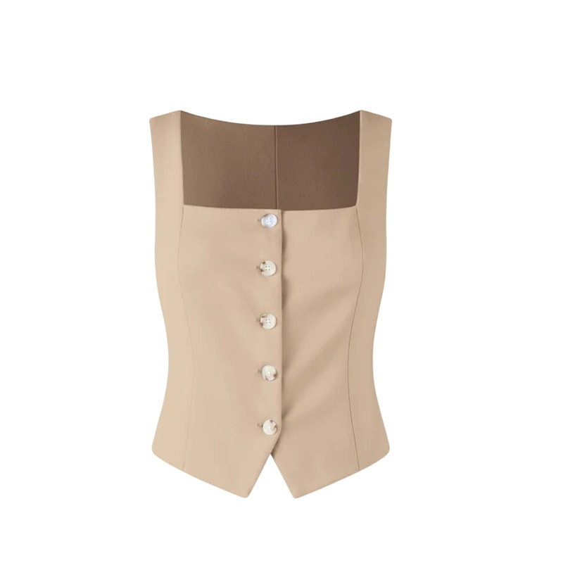 OGL Square Neck Cropped Vest Waistcoat Sleeveless Button Front Tan Size XS NWT